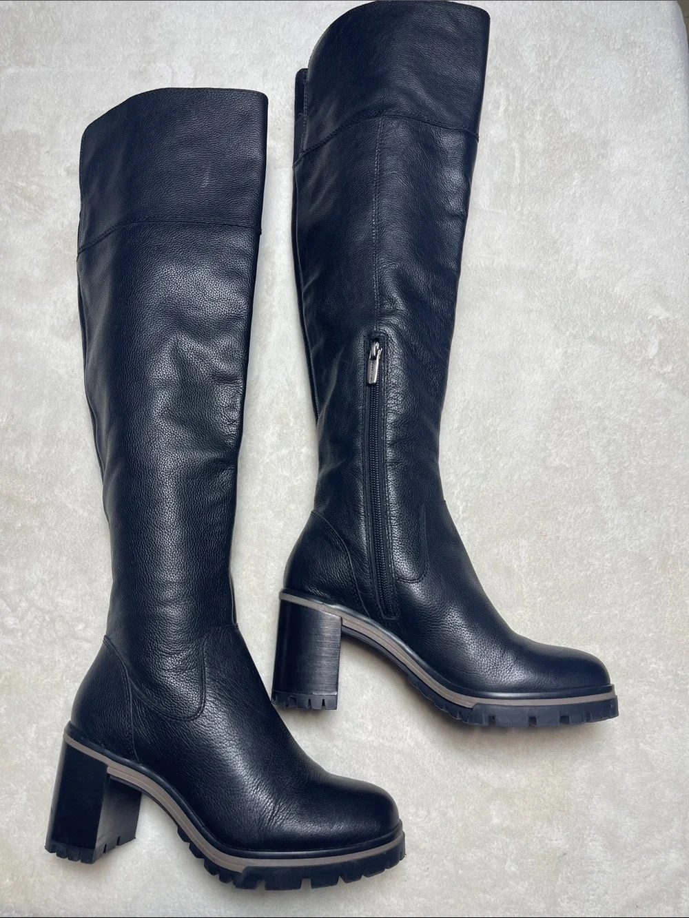 Vince Camuto Dasemma Black Leather Over-the-Knee Block Heel Boots Size 6.5